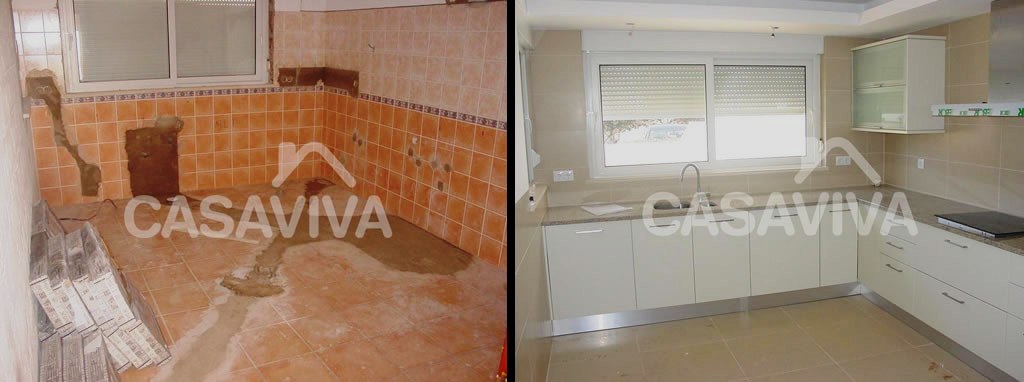 Remodelao total de cozinha com substituio de instalaes tcnicas, revestimentos, mobilirio, bancada e equipamentos.