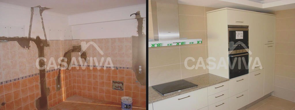 Remodelao total de cozinha com substituio de instalaes tcnicas, revestimentos, mobilirio, bancada e equipamentos.