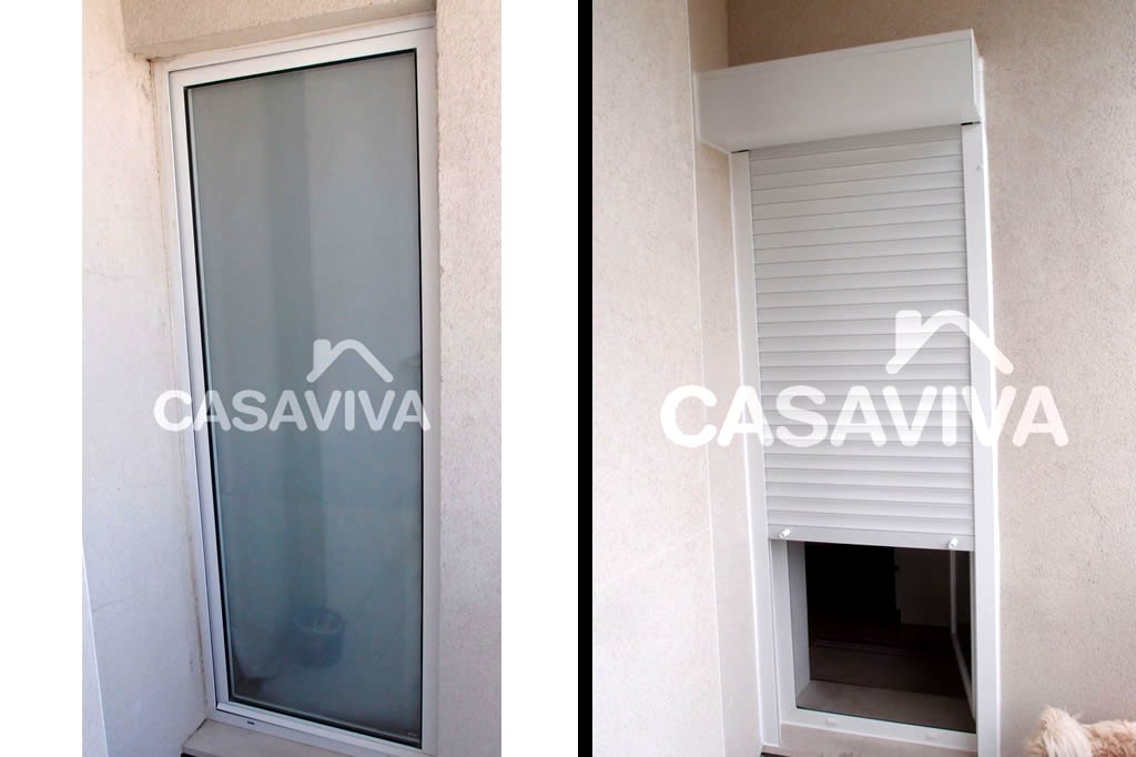 Substituio de janela (vo fixo) por porta de abrir em PVC com vidro duplo fosco e estore exterior em PVC.